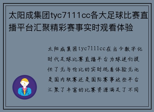 太阳成集团tyc7111cc各大足球比赛直播平台汇聚精彩赛事实时观看体验