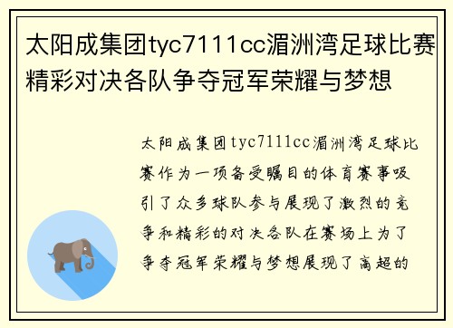 太阳成集团tyc7111cc湄洲湾足球比赛精彩对决各队争夺冠军荣耀与梦想