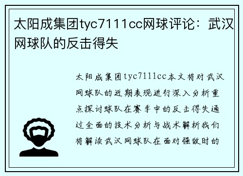 太阳成集团tyc7111cc网球评论：武汉网球队的反击得失